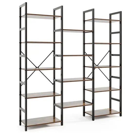 Rustic Brown 5-Tier Triple Wide Heavy-Duty Metal Frame Bookshelf with Adjustable Foot Pads {1}