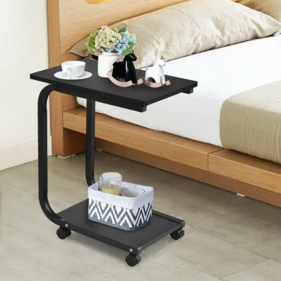 2-Tier Black Side Table with Wheels Rolling Bedside Nightstand with Shelves for Small Spaces {1}