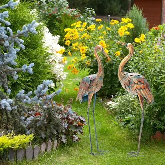 Set of 2 Crane Garden Statues Standing Metal Crane Sculptures Bird {6}