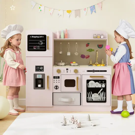 Wooden Kids Kitchen Playset with Chalkboard, Ice Maker, Sink & Lighted Microwave Pink {3}