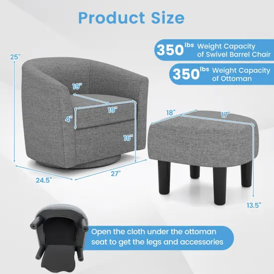 Modern Club Swivel Accent Chair with Ottoman Footrest Curved Backrest-Grey {4}