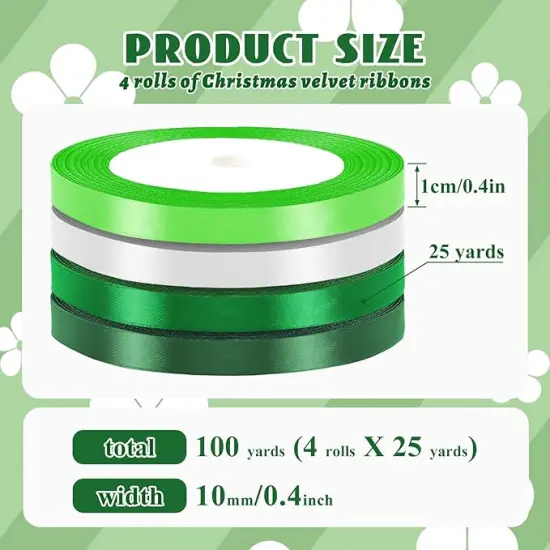 St. Patrick's Day Ribbons, 4 Rolls 100 Yards St. Patrick's Day Ribbons 10mm Wide Green Satin Ribbons for Gift Wrapping and Craft Decoration, White & Green {2}