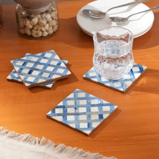 White/Blue Dyed Bone Inlaid Square Coaster Set - 4" X 4" {1}