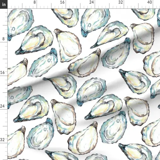 Various Fabrics by the Yard or Fat Quarter Coastal Watercolor Oyster Shells Large Scale Ocean Life Seashell White Blue Yellow Soft Pastel Modern Nautical Custom Printed Fabric by Spoonflower {1}
