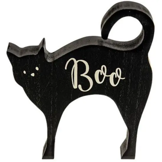Black Wooden Boo Cat Sitter with Distressed Finish for Halloween Display {1}
