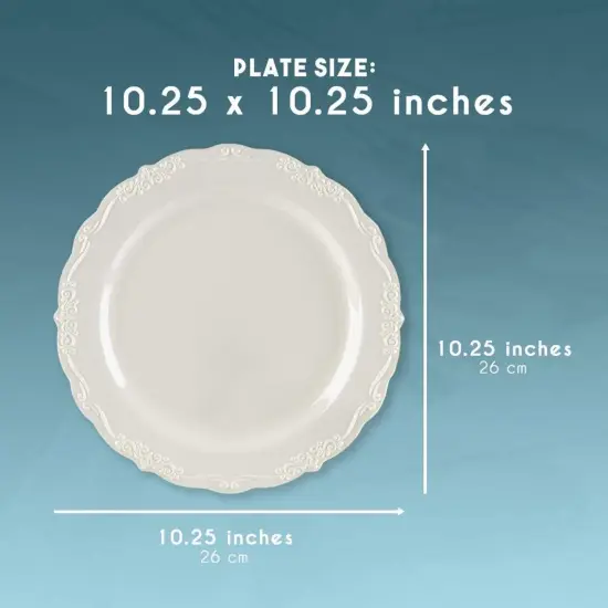 25 Pack Plastic Dinner Plates for Party, Cream with Fine Detailing (10 Inches) White {5}