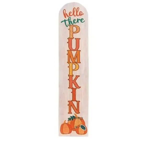 Vertical Wooden Hello There Pumpkin Sign with Multi-Color Engraved Text Rustic Autumn Home Decoration {1}