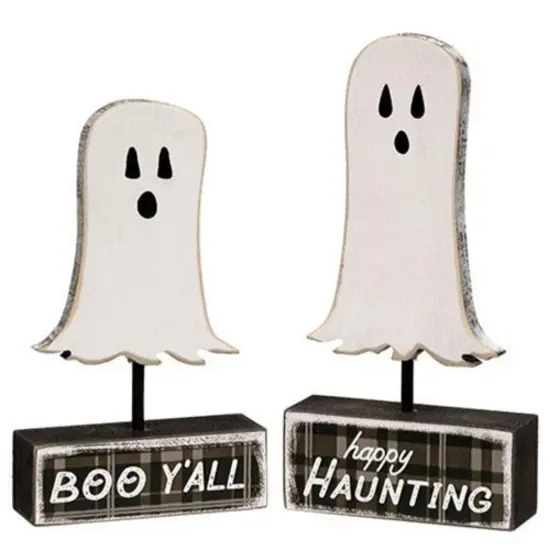 2/Set Rustic Ghost Halloween Shelf Sitters Distressed Wood Block Decorations {1}