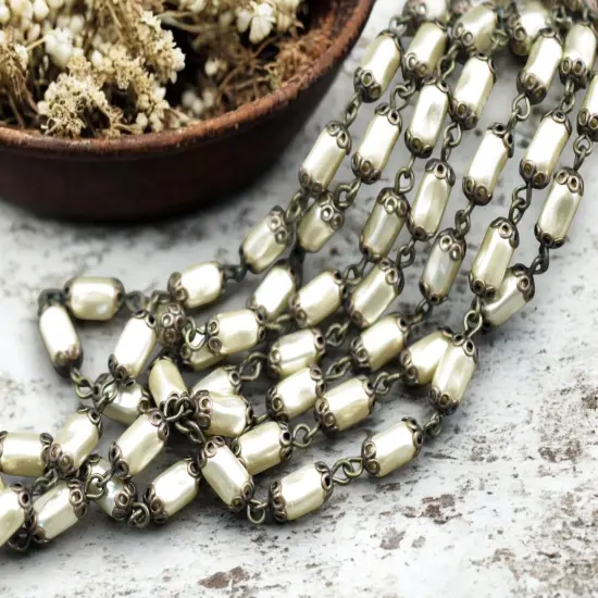 10x5mm Czech Glass Cream Pearl Chain w/Antique Bronze Caps -- Sold by the foot {1}