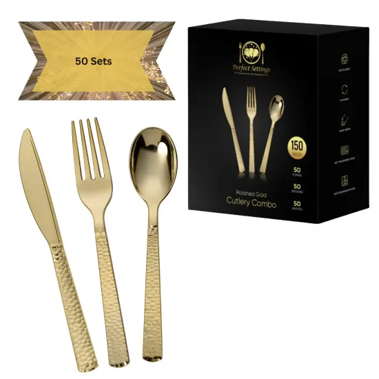 150 Piece Gold Hammered Finish Plastic Cutlery Utensil Set - Metallic Plastic Silverware Set (50 Sets) {6}