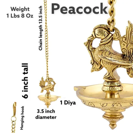 Brass Peacock Wall Hanging Diya with Chain Annam Hanging Idol Oil Lamp Diya for Home Temple Mandir Office Diwali Decor Kathu Vilakku Puja Diya - Deepawali Housewarming Return Gift {3}