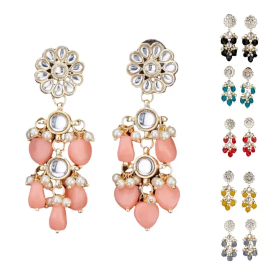 Indian Jhumka Earrings for Women - Large Floral Kundan Faux Pearls Drop Chanbali Earrings Indian Jhumki Ethnic Beaded Bollywood Style Dangle Earrings Jewelry for Bride Birthday Gift for Her PEACH {1}