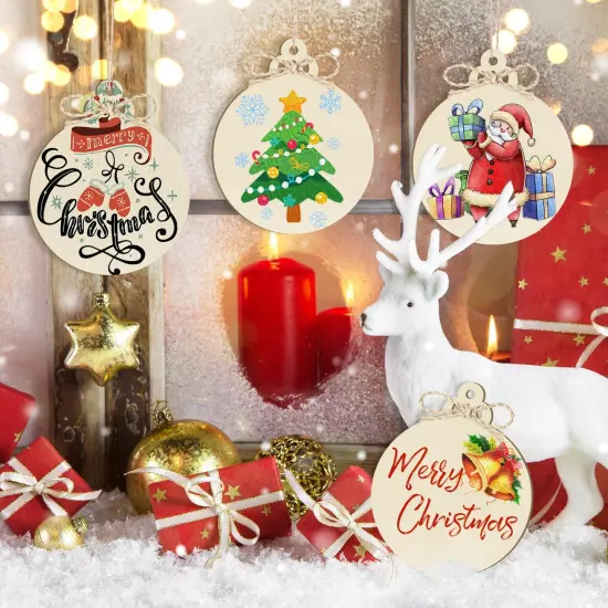 Wooden Christmas Ornaments to Paint Christmas Bell Decoration Cutouts Unfinished 24PCS 3.5 x 3 inches, DIY Blank Unfinished Christmas Tree Wood Discs Ornament for Home Crafts Hanging {3}