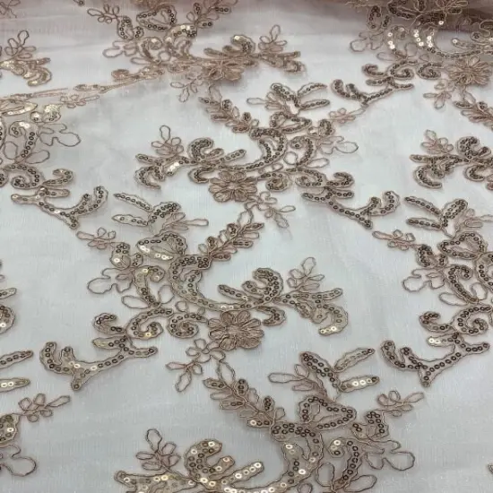 1 Yard Mauve Corded Sequin Lace Mesh Fabric with Double Scalloped Edge 54&rdquo; Wide {1}