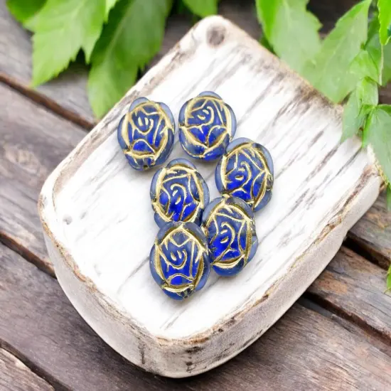 *6* 17mm Gold Washed Matte Sapphire Rose Flower Coin Beads {3}