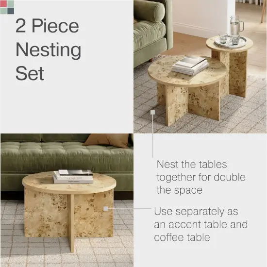 Burl Wood Round Nesting Coffee Tables - Modern Living Room Furniture - Organic Modern Drink Desk - Stylish Home Decor - 2 Piece Tables Set - Burl Top and Base {4}