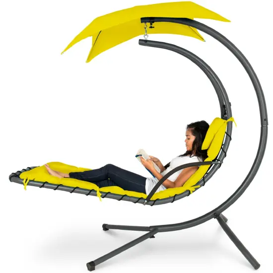 Best Choice Products Hanging Curved Chaise Lounge Chair Swing for Backyard, Patio w/ Pillow, Shade, Stand Yellow {1}