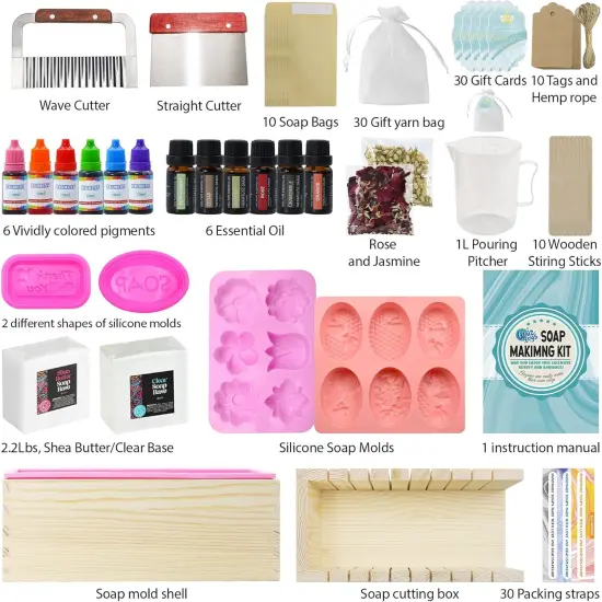 Soap Making Kit Supplies, Crafts Kits for Adults and Kids, DIY Beginners Kit Containing Silicone Mold, Soap Cutter and Shea Butter Base, Fragrances and Gift Cards {2}