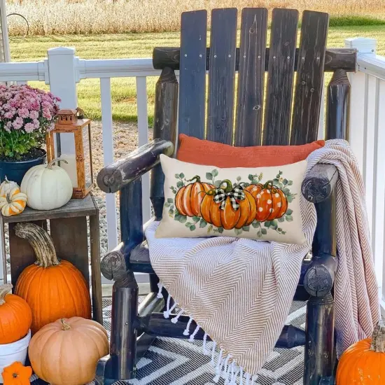Orange Pumpkin Autumn Thanksgiving Eucalyptus Leaves Harvest Lumbar Outdoor Cushion Case Decoration for Hom {4}