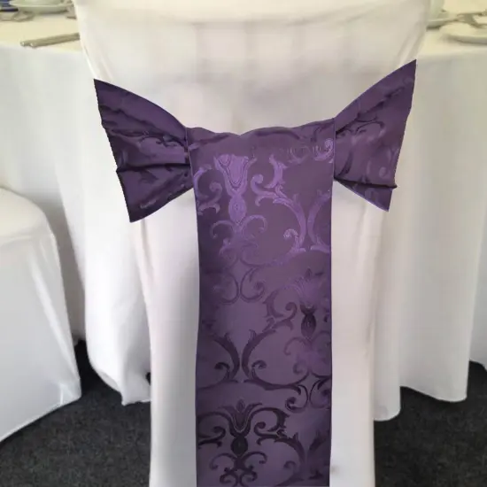 10 Pieces Eggplant Damask Jacquard Chair Sashes, 7.5"x108" Elegant Versailles Pattern Polyester Decor {2}