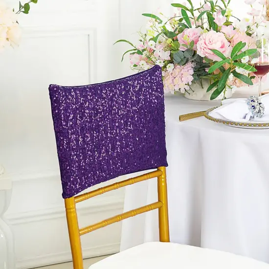 1 Piece Eggplant Purple Sequin Spandex Chair Cap 13.5 inch by 10 inch Wedding Decor {2}