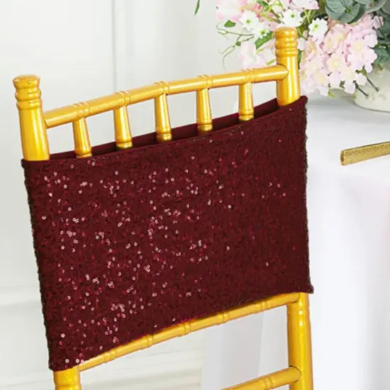 10 Pieces Elegant Burgundy Sequin Stretch Spandex Chair Bands 7 x 13 Inches {4}