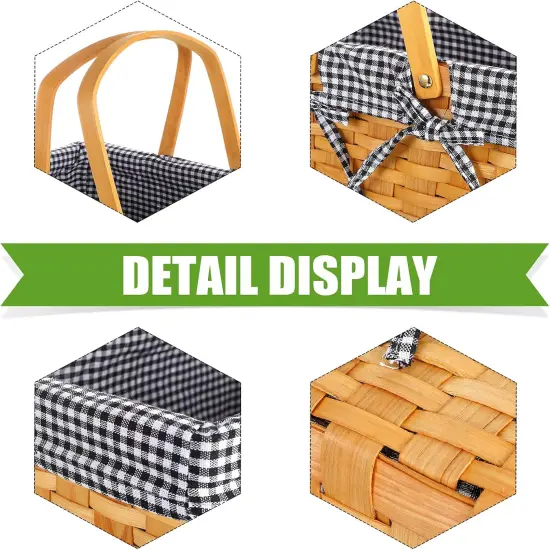 Picnic Basket Natural Woven Woodchip Basket with Double Folding Handles, Picnic Blanket Easter Basket for Easter Egg Candy Storage Spring Summer Camp(Black and White Grid) {3}