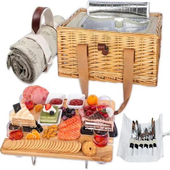 Picnic Basket for 4 with Mini Folding Wine Picnic Table & Large Insulated Cooler Bag & Cutlery Service Kits for 4 Person, Couples Gifts, Wedding Gifts (Y2307-4-CM) {1}