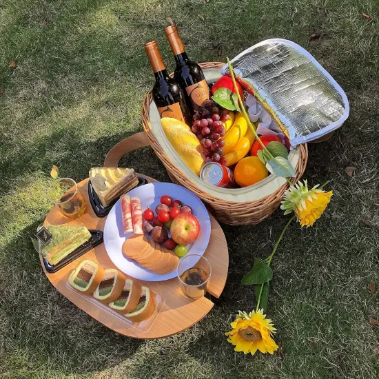 Wicker Picnic Basket Set for 4 with Mini Folding Wine Picnic Table & Large Insulated Cooler Bag & Cutlery Service Kits for 4 Person, Couples Gifts, Wedding Gifts (Y2209-4-CM) {2}
