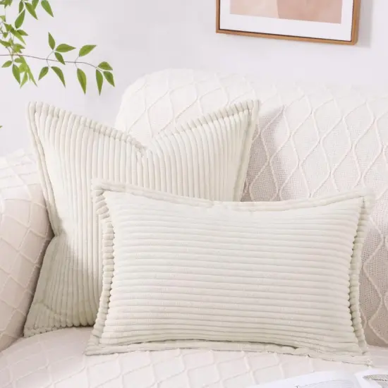 Corduroy Pillow Covers 18x18 Inch Set of 2, Striped Decorative Square Spring Throw Pillow Covers with Wide Border for Couch Living Room Bed, Cream White {2}