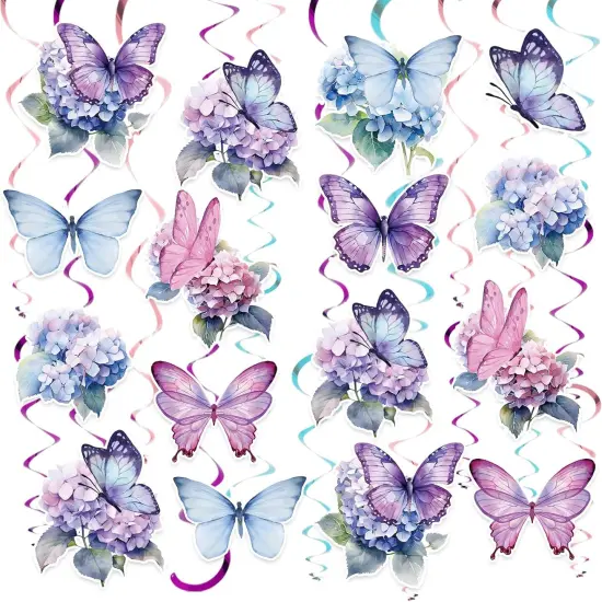 34Pcs Spring Butterfly Floral Hanging Swirls Decoration Butterfly Purple Blue Flower Party Streamer Hanging Ceiling for Spring {1}