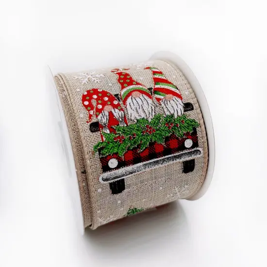 Designer's Shop Holiday Gnomes on truck wired edge ribbon WR 63-5134, 2.5" x 10 yards {3}