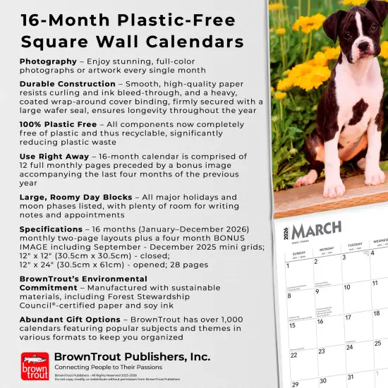 I Love Puppies | 2026 12 x 24 Inch (Hanging) Monthly Square Wall Calendar | Plastic-Free {6}