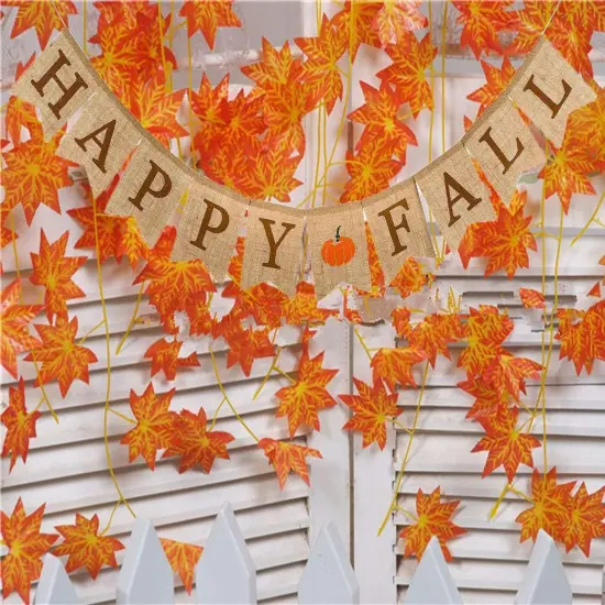 Happy Fall Pumpkin Burlap Banner and Maple Leaf {4}