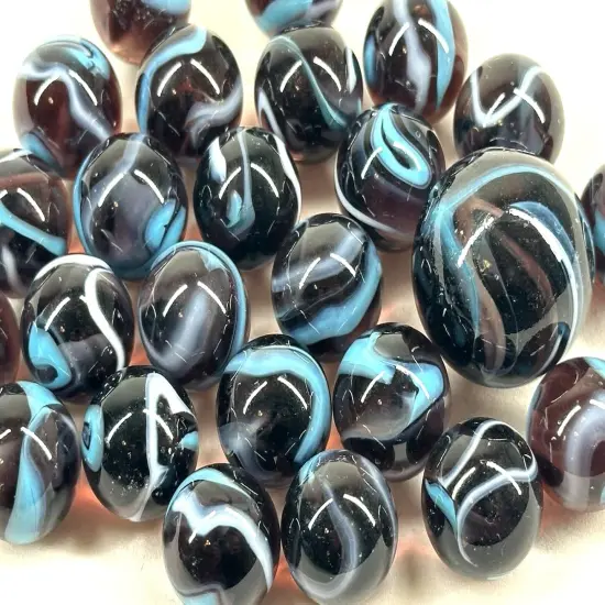 25 Glass Marbles ASTRONAUT Purple/Blue game vtg style Shooter Taws Mib Swirl {3}