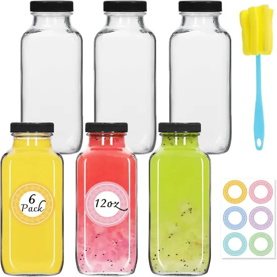 6 Pack 12oz Glass Water Bottles with Black Lids, Brush & Labels {1}