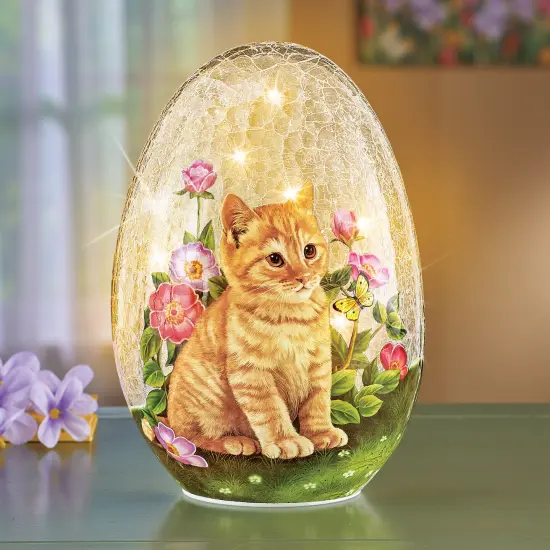 Collections Etc Adorable Cat and Butterflies LED Lighted Glass Egg {1}