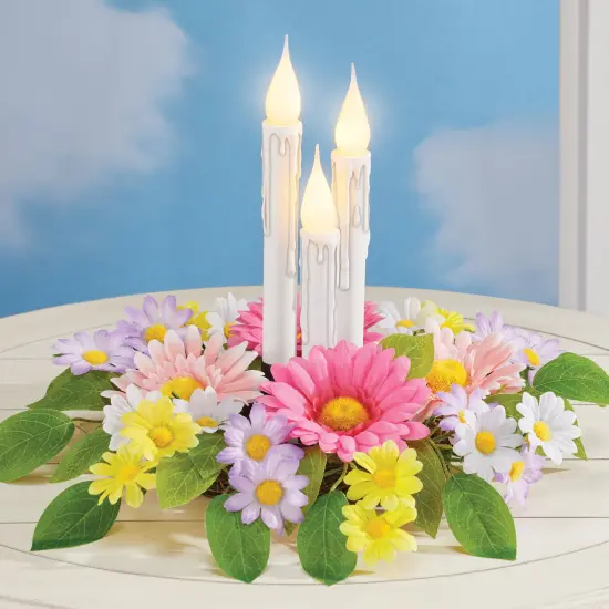 Collections Etc LED Lighted Candles Colorful Daisies Centerpiece {1}