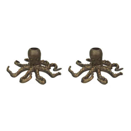 Octopus Taper Candle Holder &ndash; Cast Iron w/ Antique Gold Finish &ndash; 6" Dia, 3" High {1}