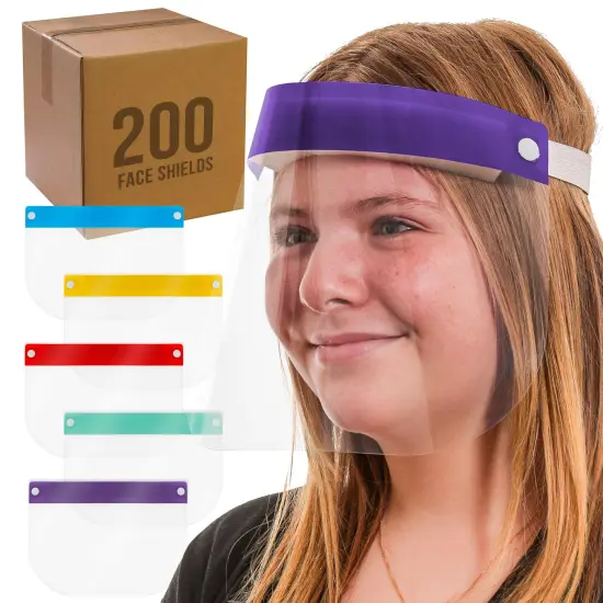 Salon World Safety 200 Kids Face Shields (20 Packs of 10) - 5 Colors, 40 of Each - Clear Protective Children's Full Face Shields, Anti-Fog PET Plastic {1}