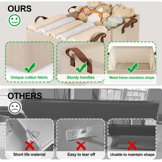 Storage Baskets for Shelves with Metal Frame 2-Pack, 14.8"Wx10.24"Dx8.66"H, Collapsible Storage Bins for Organization, Unique Cotton Fabric Storage Bins for Clothes, Toys, Decorative, Beige {5}