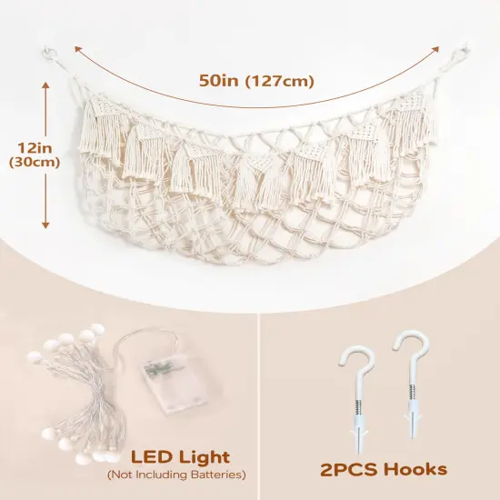 Stuffed Animal Storage Hammock with Lights- Boho Wall Hanging Plushie Net for Stuff Aanimal Organizer and Teddy Bear Storage, Small Toy Hammock for Kids Bedrooms Playroom Nursery(White Small) {5}