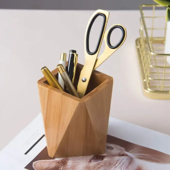 Bamboo Wood Pen Holder Stand for Desk Geometric Pencil Cup Pot Cute Desktop Office Supplies, Makeup Brushes Organizer (Bamboo) {4}