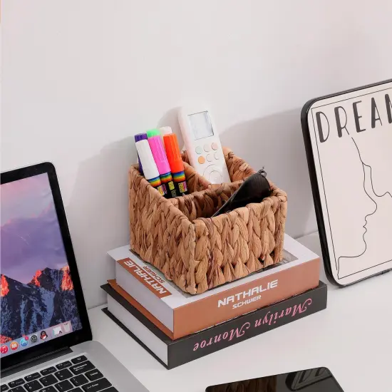 Remote Control Holder Wicker Desk Organizer Divided Storage Basket,Hand Woven Cosmetic Storage Box with 3 Compartments,Water Hyacinth Remote Control Basket for Desktop Organizing {6}