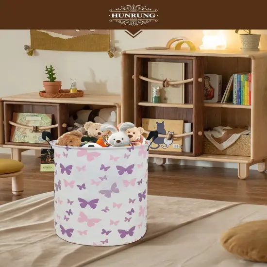Laundry Hamper,Large Canvas Fabric Lightweight Storage Basket Toy Organizer Dirty Clothes Collapsible Waterproof for College Dorms（Round-Butterfly） {2}