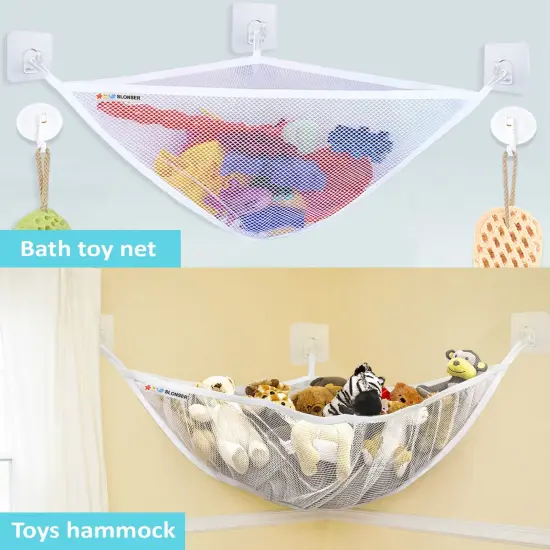 Bath Toy Holder Corner, Kids Bath Toy Net for Tub, Bathtub Holder Basket, Storage Bin Hammock Organizer, Shower Caddy Hanging Mesh Bag, Baby Bathroom Storage with 3 Suction Cups 3 Adhesive Wall Hooks {6}