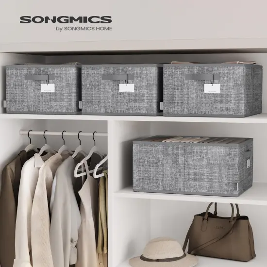 SONGMICS Storage Baskets, Set of 3 Fabric Storage Bins, 15.7 x 11.8 x 9.5 Inches, Foldable Closet Organizer for Shelves, 2 Handles, Label Holders, for Bedroom, Living Room, Cattail Gray UROB440G01 {6}