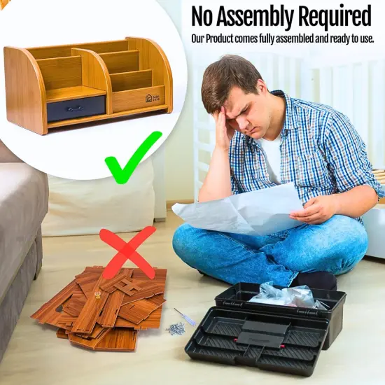 Desktop Organizer with Double-Slot Cell Phone Holder, Wooden Multifunctional Desk Storage Box with Drawer for Work from Home Office Supplies, Students, Desk Accessories, Phone Stand, Charging Station {5}