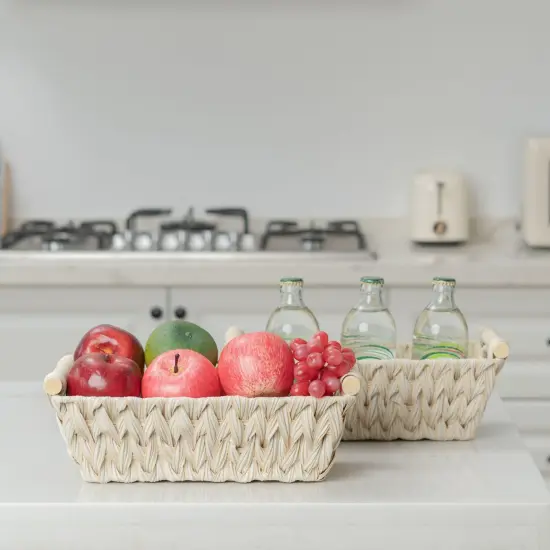 2-Pack Wicker Storage Baskets, Storage Baskets for Shelves, Trapezoid Wicker Baskets with Handles, Waterproof Woven Basket, Storage Baskets for Shelves, Butter Milk {3}