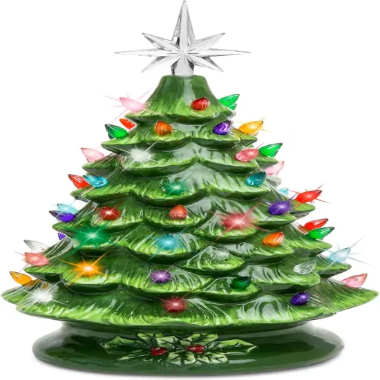 15in Ceramic Christmas Tree Pre-Lit Tabletop Holiday Tree with Star Topper and Multicolored Bulbs Peppermint {8}
